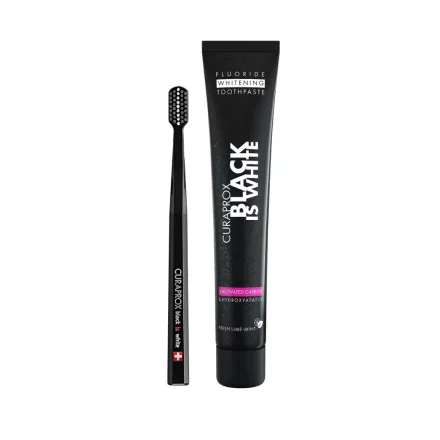 Curaprox Black is White szett, fehérítő hatasú fogkrém aktív szénnel 90ml + CS 5100 fogkefe