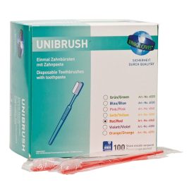   Unigloves Unibrush egyszerhasználatos fogkefe fogkrémmel 100db - piros - fogorvosi kiszerelés